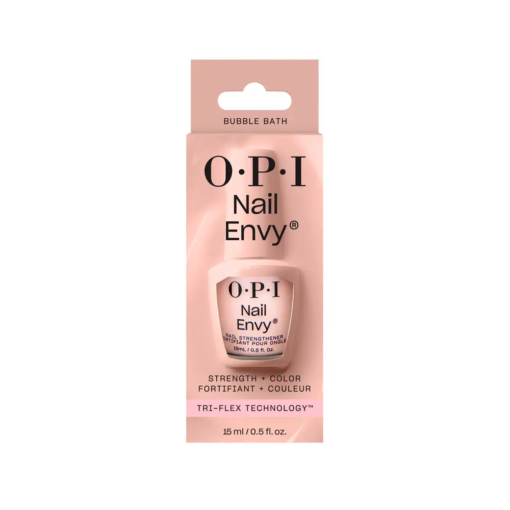 OPI Nail Envy nail strengthener in pink packaging with 'Tri-Flex Technology' label.