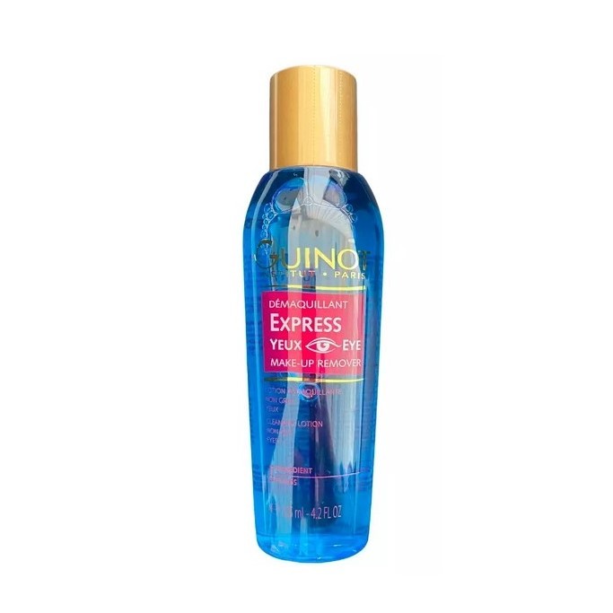 Guinot Express Yeux eye makeup remover bottle, blue liquid with a gold cap