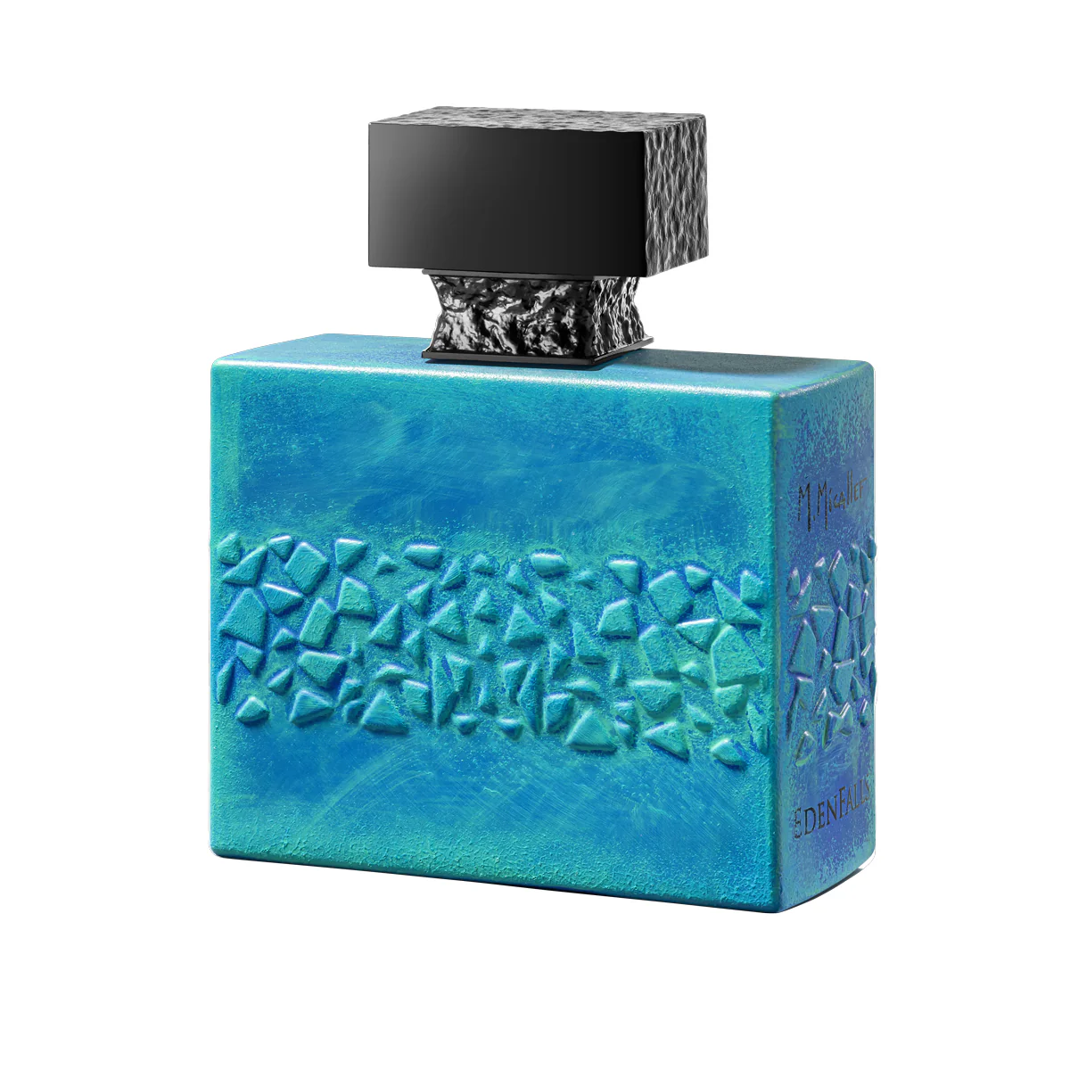 Blue rectangular perfume bottle with a textured, diamond-like pattern along the lower half and a black, square cap on top.