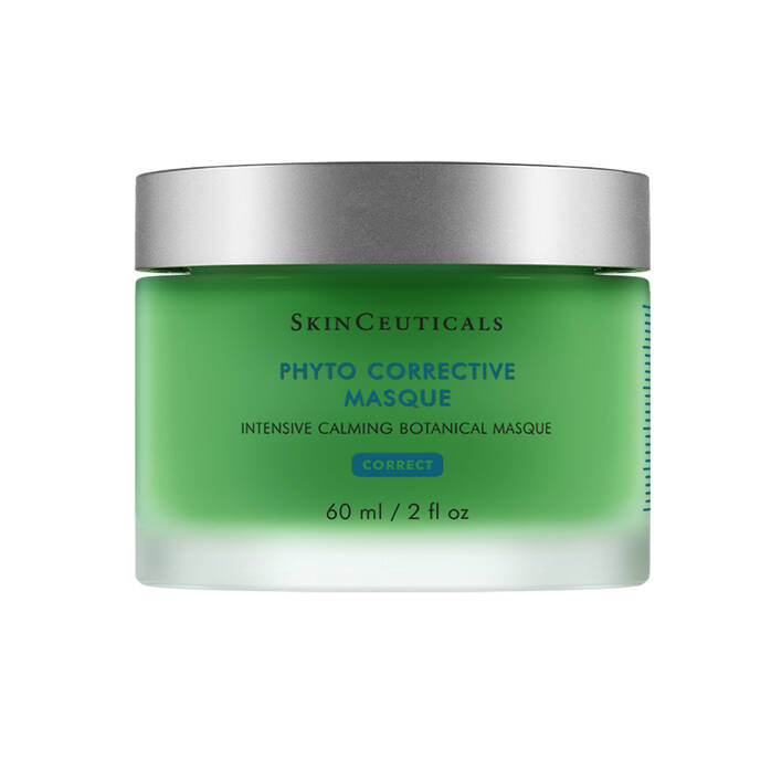 Green jar with silver lid labeled SkinCeuticals Phyto Corrective Masque, 60 ml / 2 fl oz (Intensive calming botanical masque)