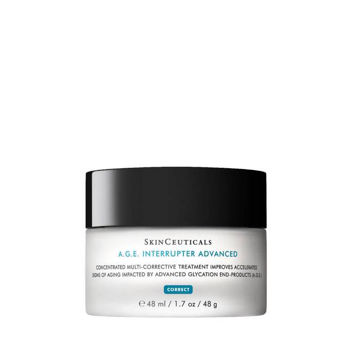 Jar of SkinCeuticals A.G.E. Interrupter Advanced moisturizer with a black lid.