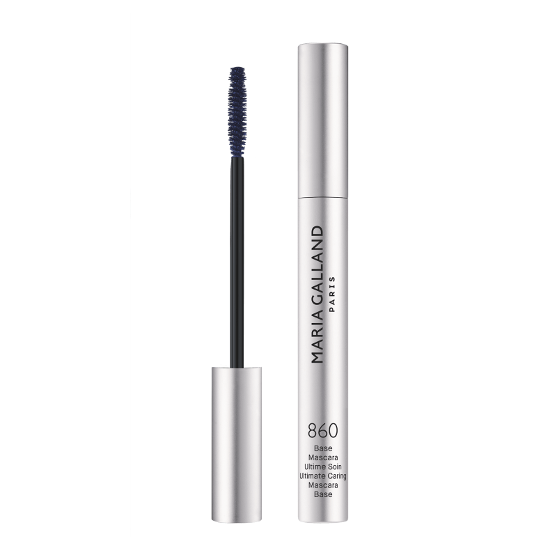 Maria Galland Paris mascara tube with wand extended, silver packaging on black background (860 Base Mascara).
