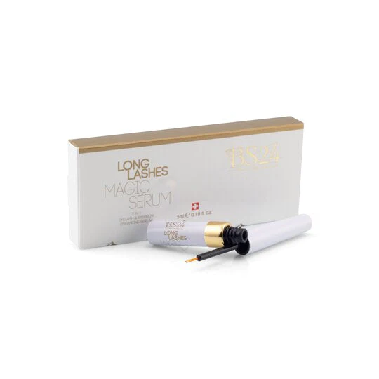 Box of Long Lashes Magic Serum with applicator wand and capsule-like tube, gold and white packaging indicating eyelash serum