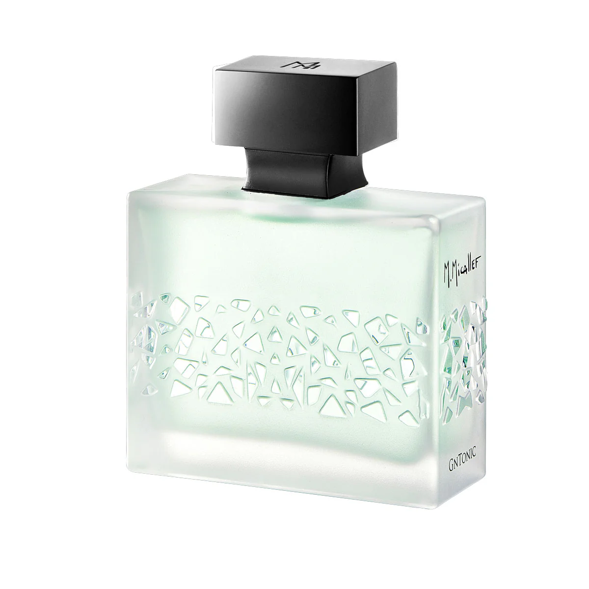 Rectangular frosted perfume bottle with a black square cap and geometric cutouts on the lower half of the bottle.