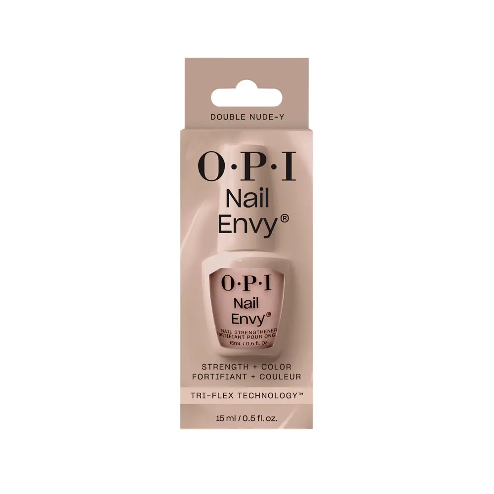OPI Nail Envy nail strengthener packaging with a small pink bottle image and 'Strength + Color' text at the bottom.