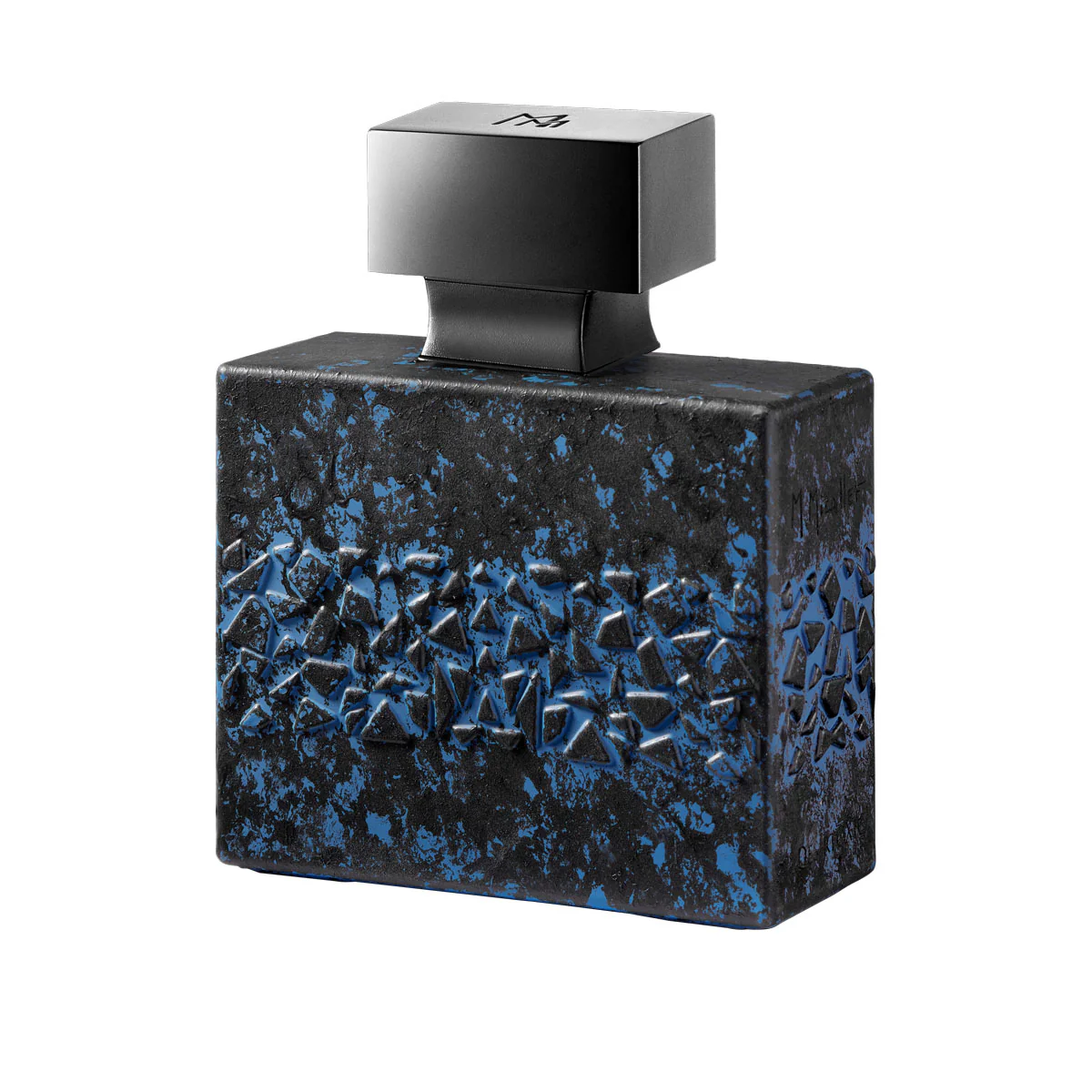 Perfume bottle with a textured black and blue speckled square body and a metallic rectangular cap on a white background.