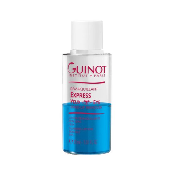 Guinot Express Yeux eye makeup remover bottle with blue liquid inside clear glass container.