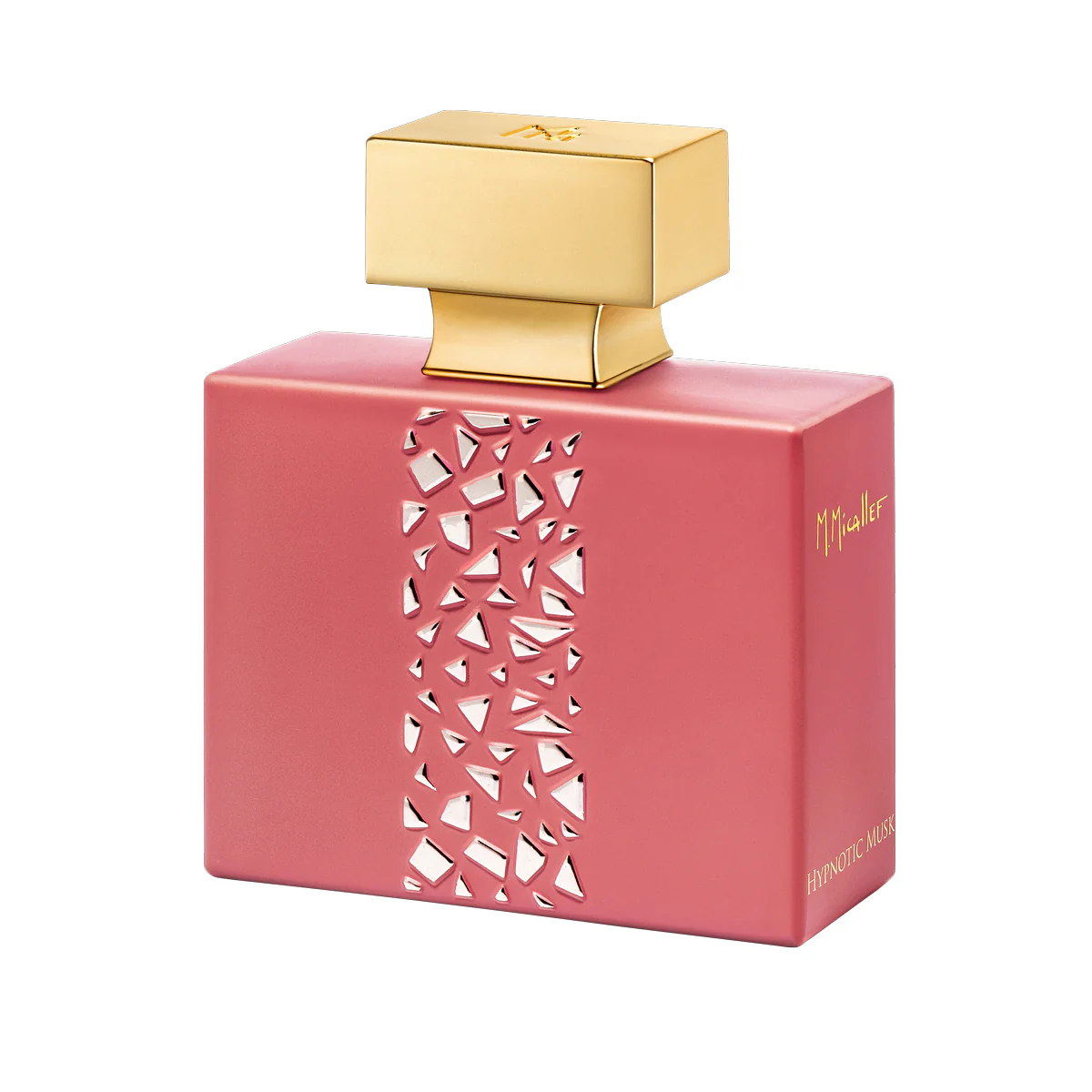Pink rectangular perfume bottle with a gold rectangular cap and a mosaic cut-out strip on the front; reads Mugler Hypnotic Musk on the side.