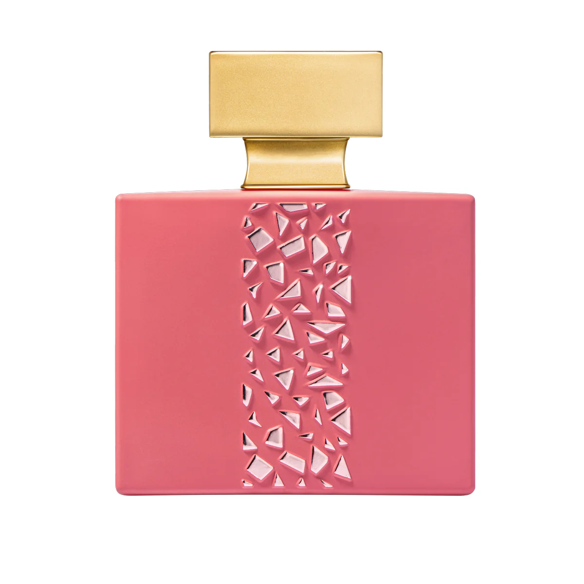 Pink rectangular perfume bottle with a gold rectangular cap and a mosaic cutout stripe down the center, set against a white background.