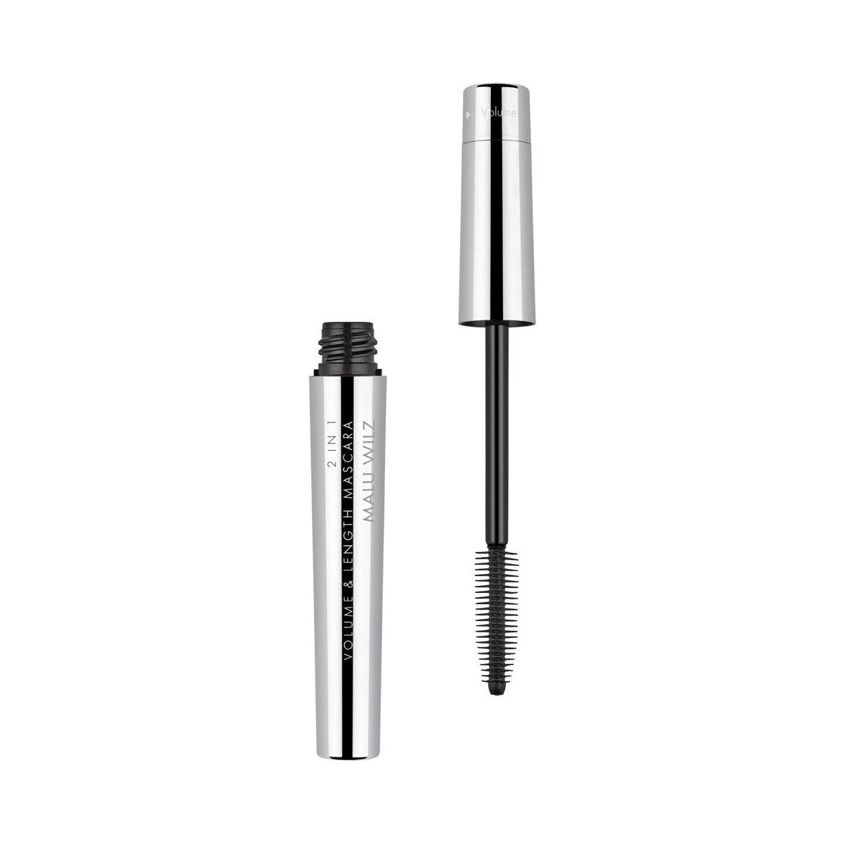 2-in-1 mascara tube with a black wand brush, labeled Volume & Length Mascara and Mah Jiwiz (silver chrome packaging)