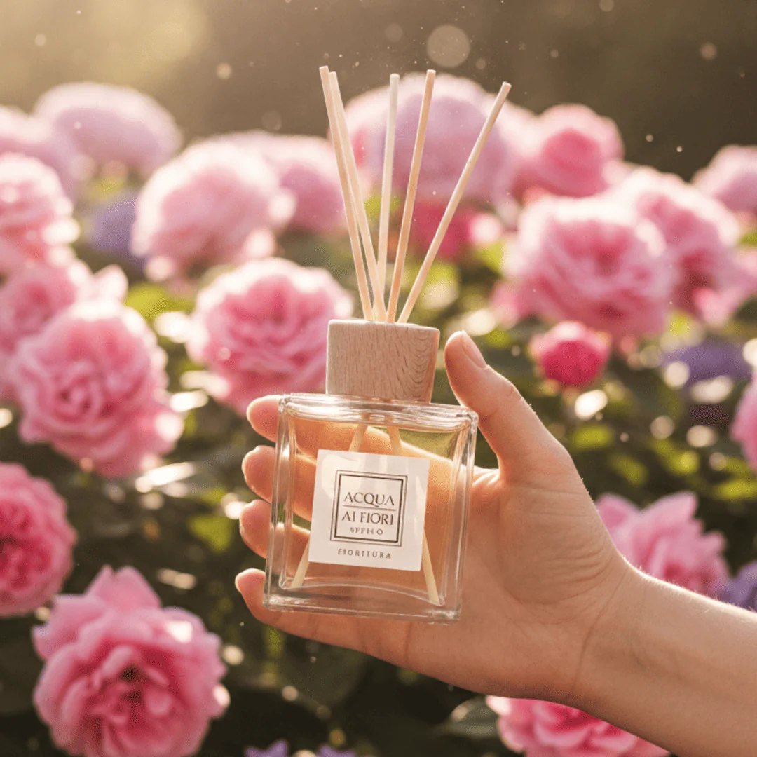 Hand holding a square glass perfume bottle with a wooden cap and reed diffusers, pink roses in the blurred background.