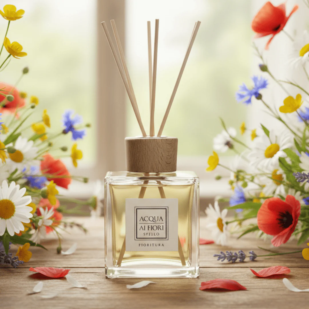 Square glass perfume diffuser with a wooden cap and four reed sticks, set on a wooden surface amid colorful flowers by a window.