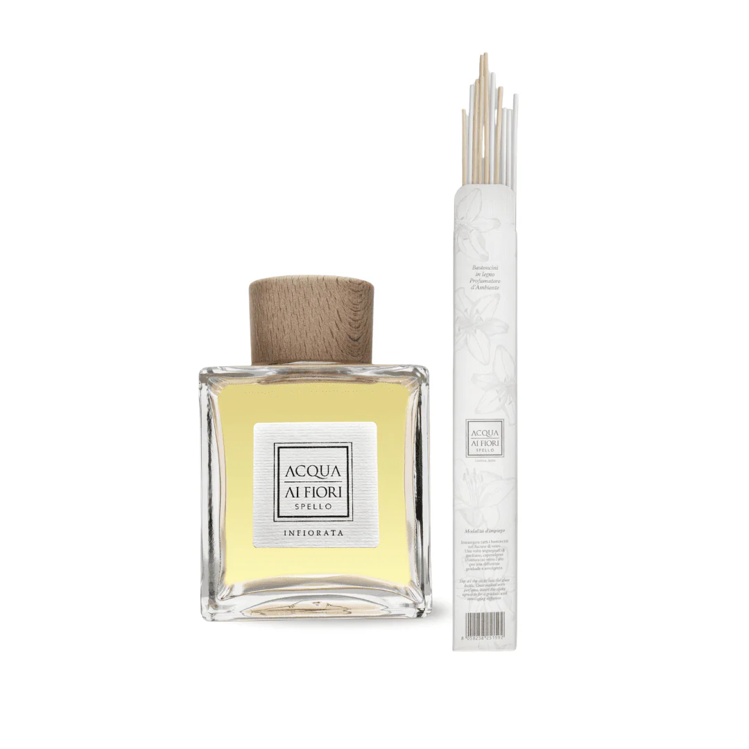 Square glass perfume bottle with pale yellow liquid and a wooden cap beside a white reed-diffuser set on a white background.