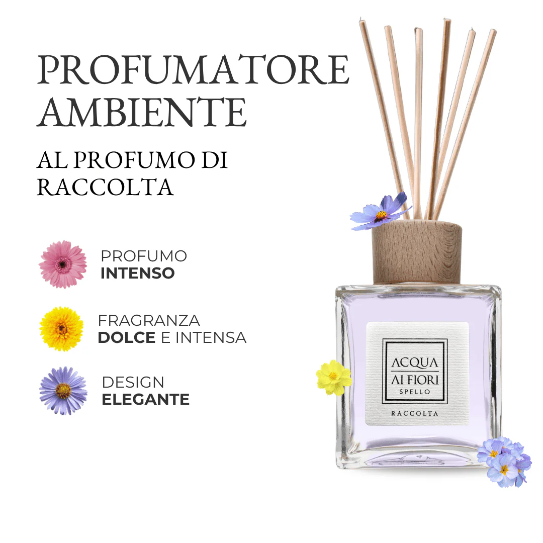 Home fragrance advertisement featuring a glass perfume bottle with wooden cap and reed sticks, Italian text promoting ambient scent and collection flowers beside it.