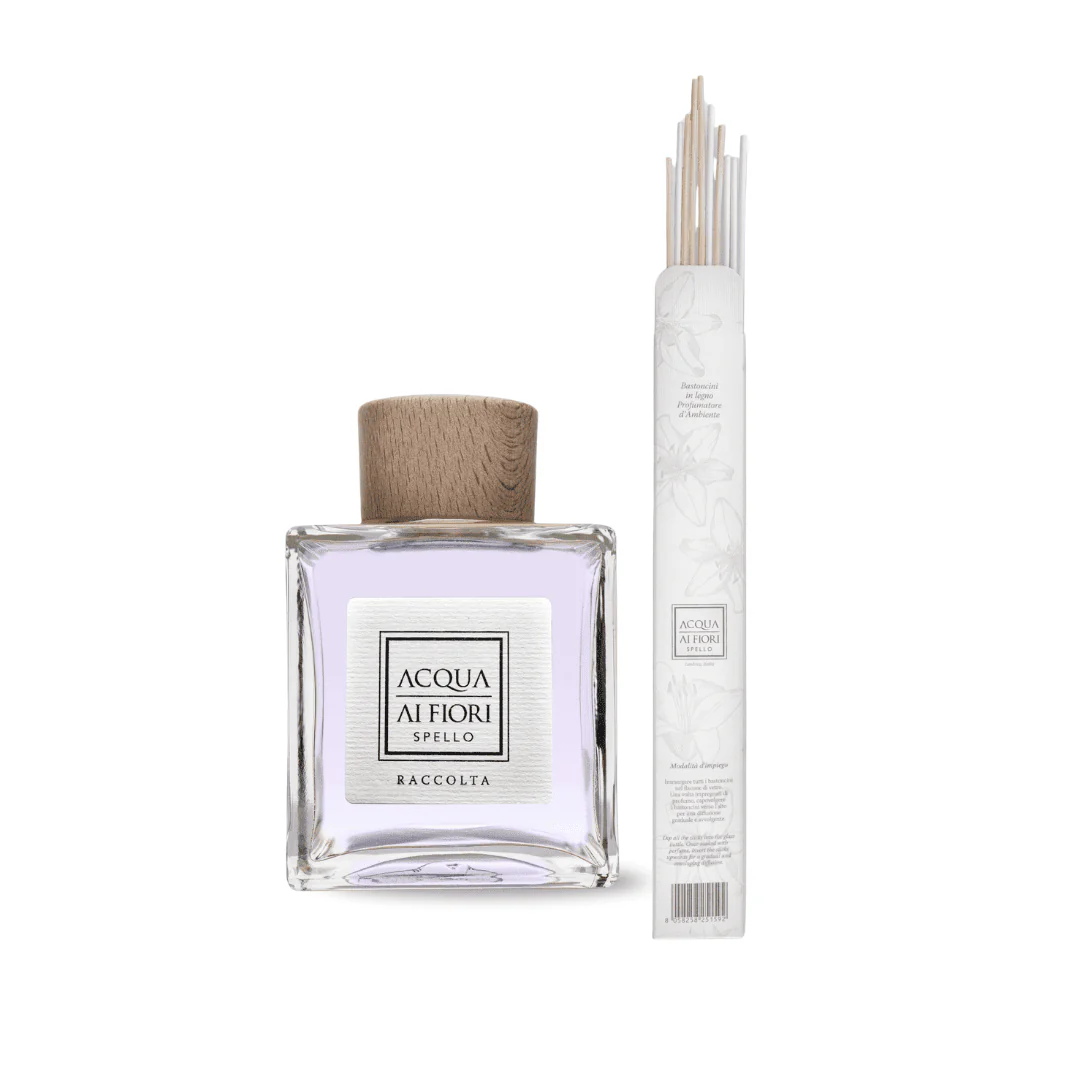 Square glass perfume bottle with lavender-tinted liquid and a wooden cap, paired with a white diffuser stick set in packaging