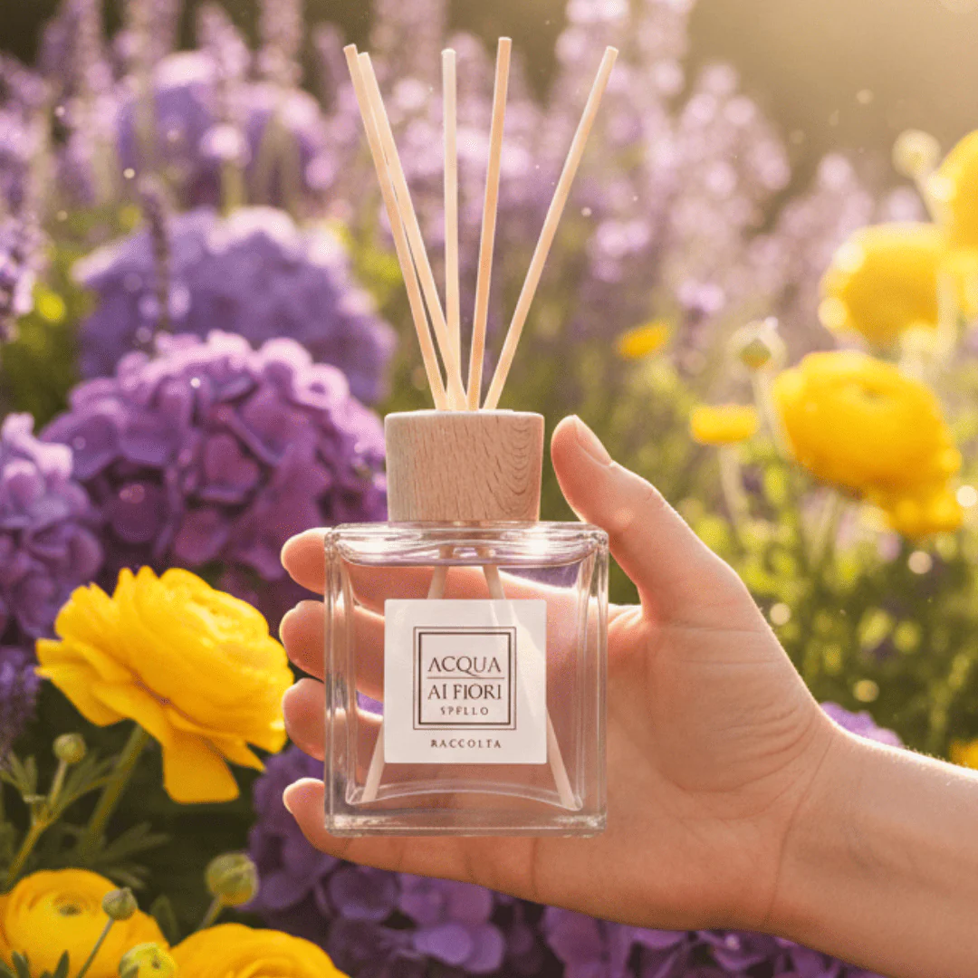 Hand holding a square glass perfume bottle with a light wooden cap and several reed sticks, set against bright purple and yellow flowers in a garden.