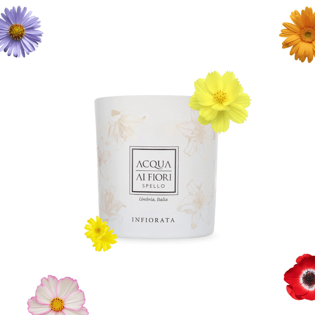 White ceramic cup with a pale floral pattern and the text 'Acqua Ai Fiori' surrounded by colorful flowers.