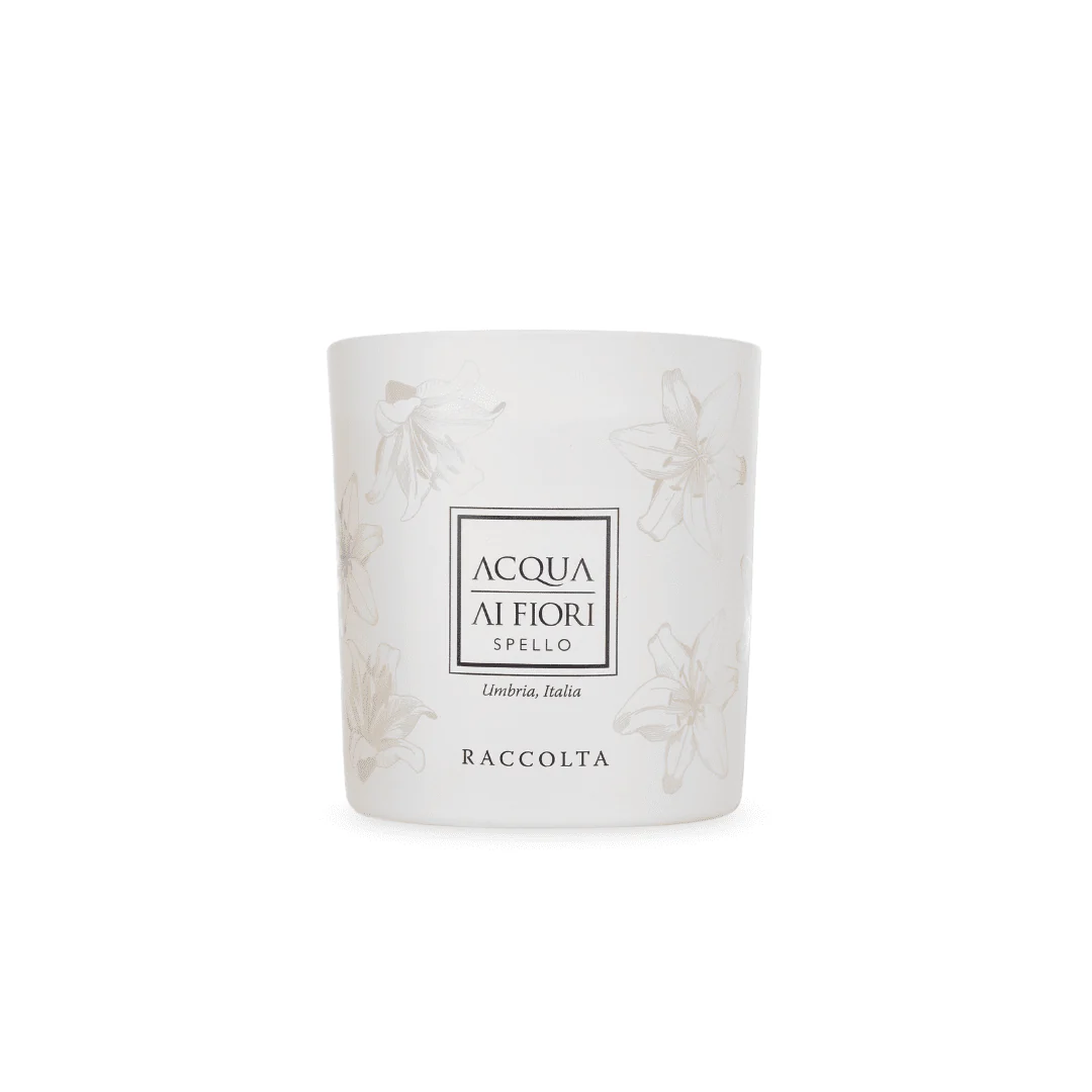 White ceramic candle jar with pale, botanical floral drawings around a centered black-bordered logo; text includes a brand name and 'RACCOLTA'.