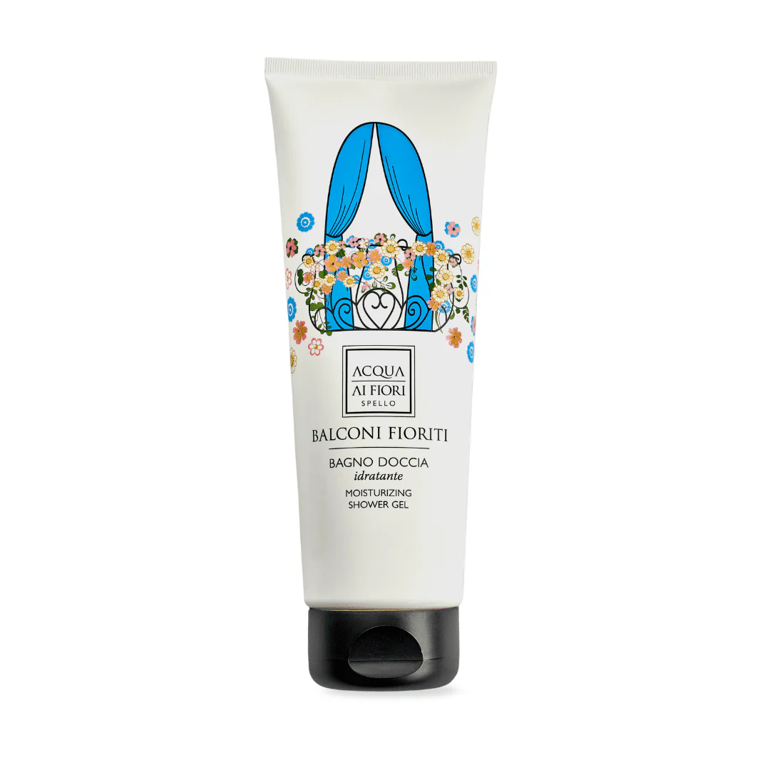 Tube of Balconi Fioriti moisturizing shower gel with a blue floral arch illustration and black cap.