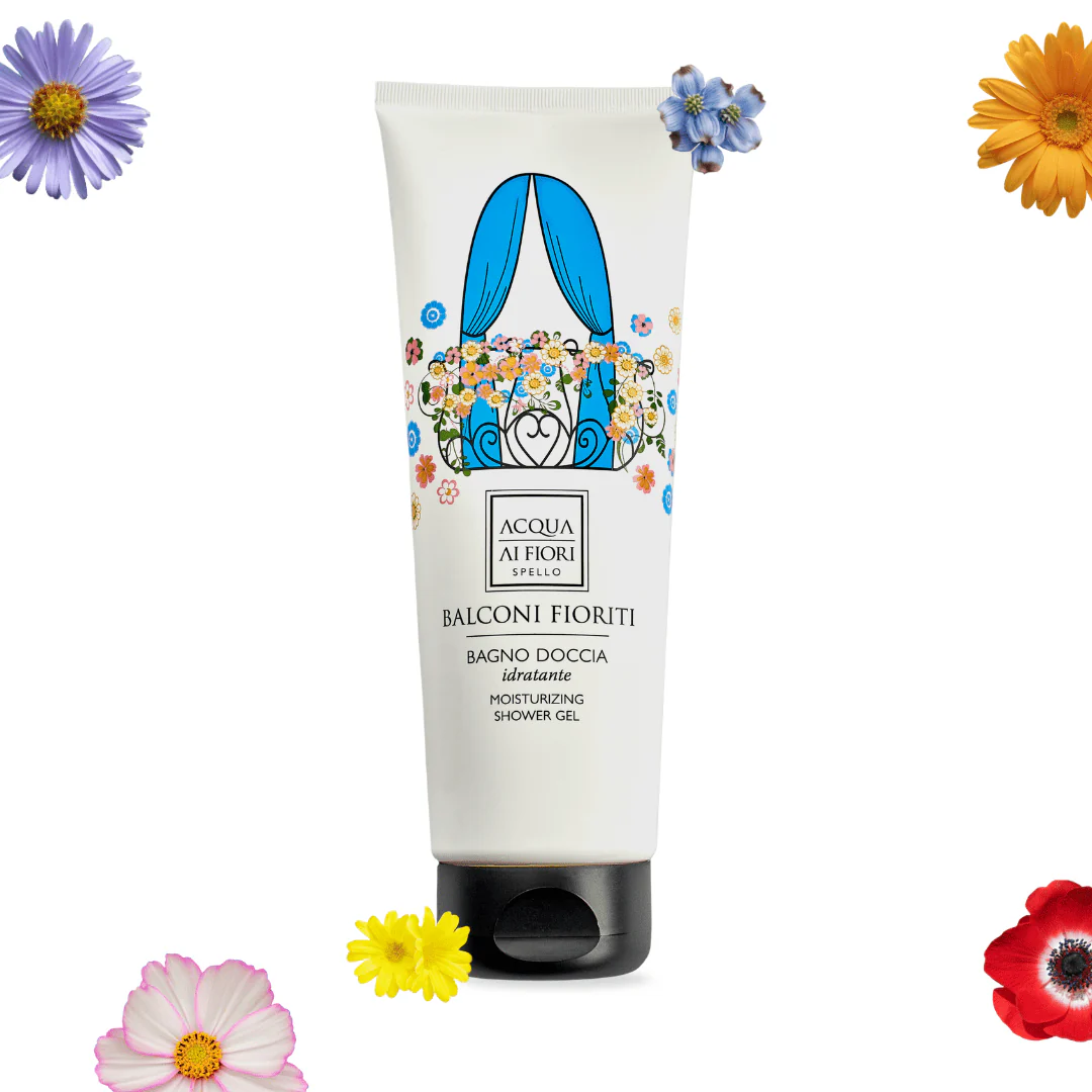 Tube of Balconi Fioriti moisturizing shower gel surrounded by colorful flowers on a white background