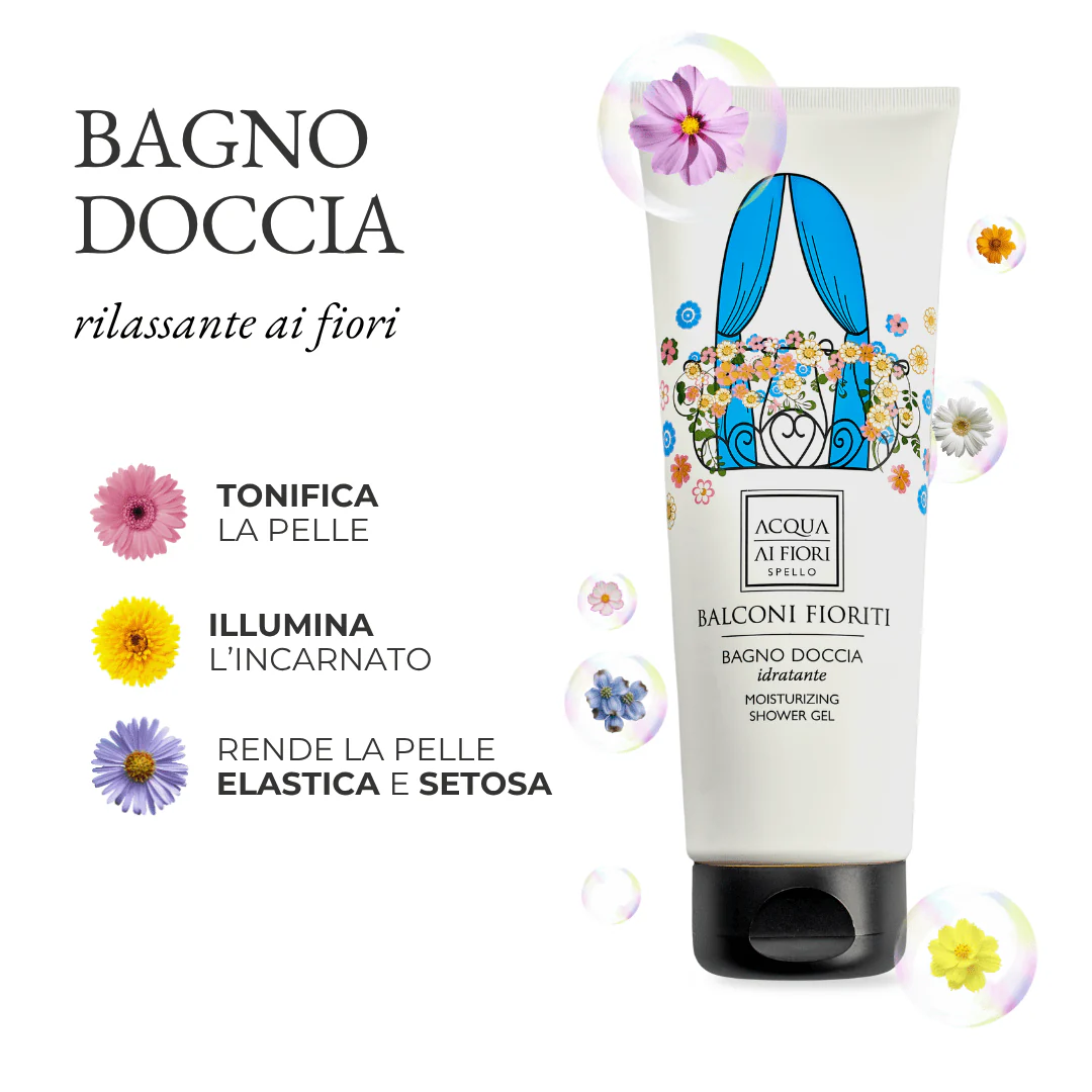 Italian shower gel with floral design and blue bunny illustration, Balconi Fioriti bottle on the right, flowers floating around