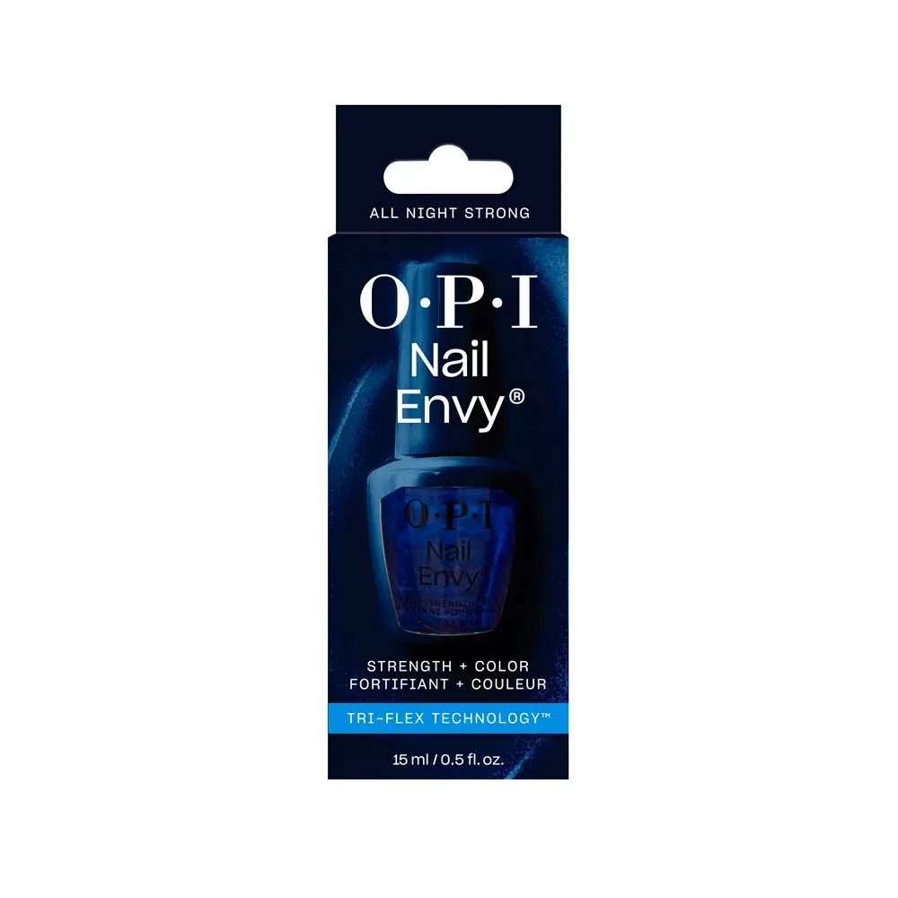 OPI Nail Envy nail treatment bottle in blue packaging with 'All Night Strong' and 'Tri-Flex Technology'.