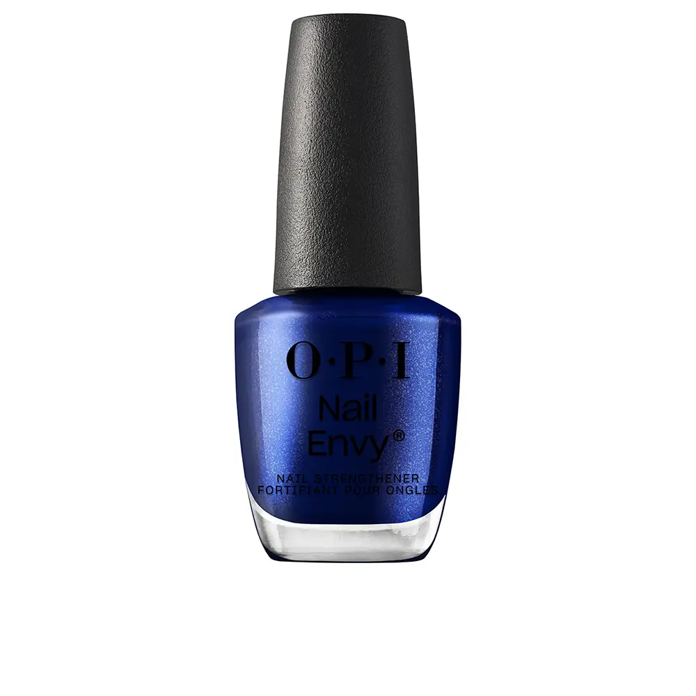 Blue OPI Nail Envy nail-strengthener bottle with a black cap against a white background, showing the label 'OPI Nail Envy'.