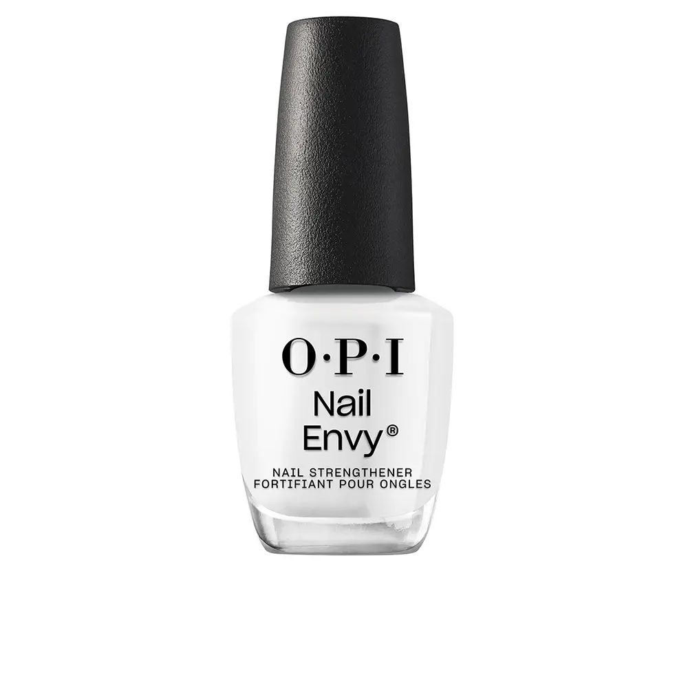 OPI Nail Envy nail strengthener bottle with white polish and black cap on white background.