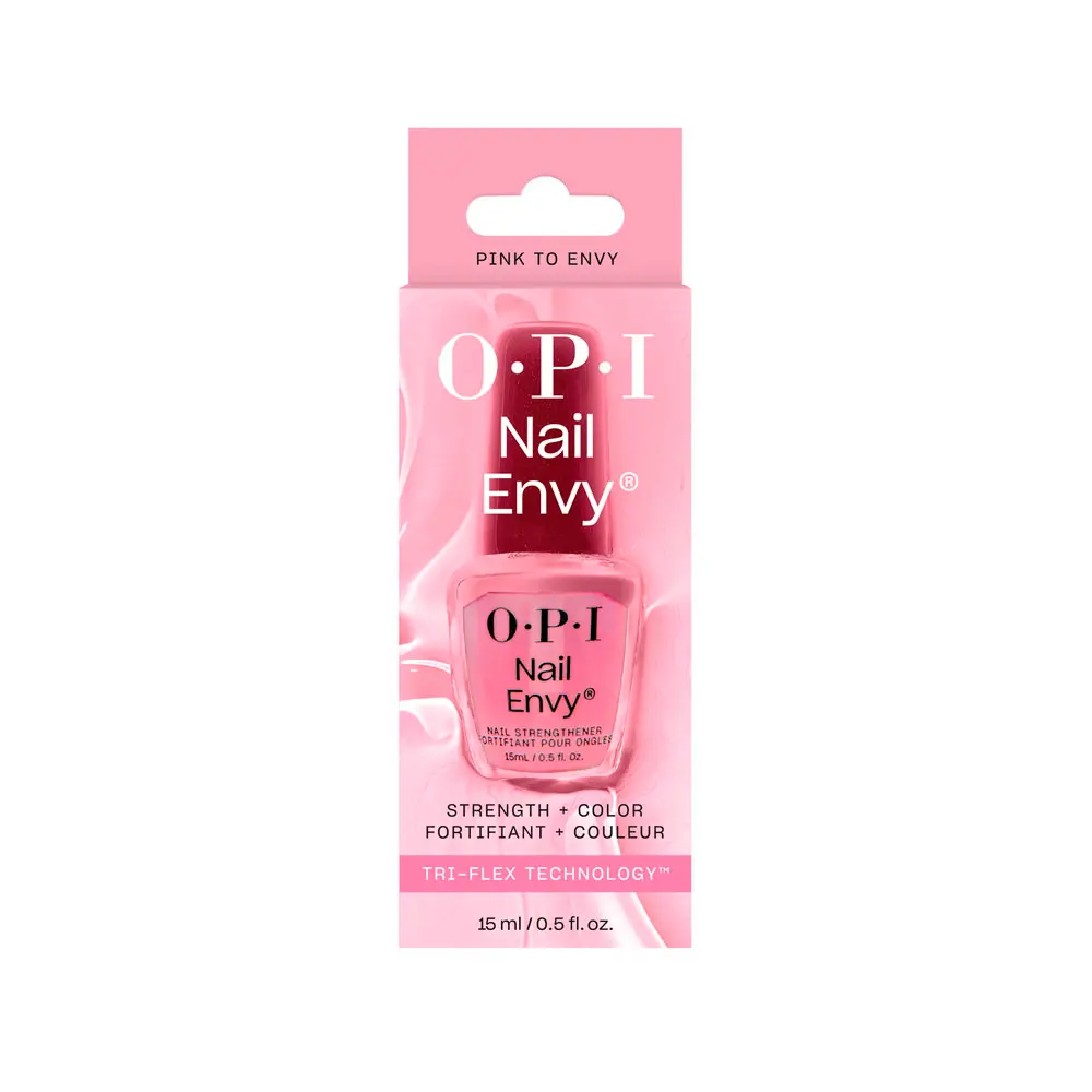 OPI Nail Envy pink nail strengthener bottle in packaging, 15 ml (0.5 fl oz) with Tri-Flex Technology text on box