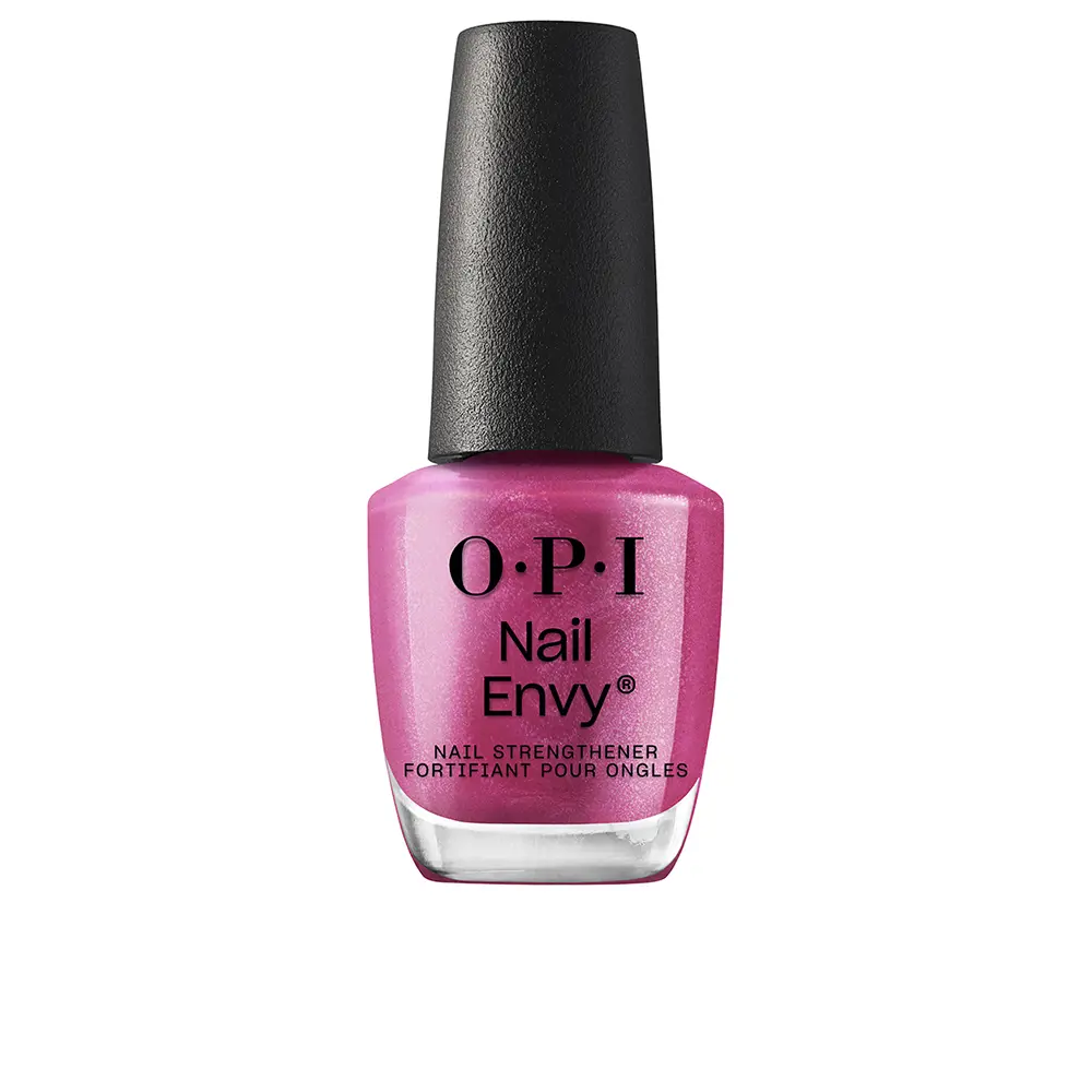 OPI Nail Envy pink nail strengthener bottle with a tall black cap and the brand name printed on the front.