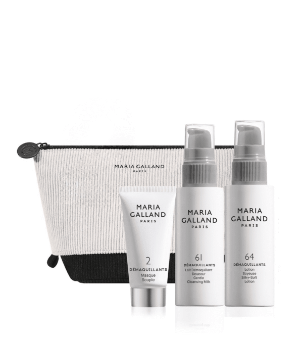 Maria Galland skincare set with a white pouch and three bottles: Gentle cleansing milk, silky-soft lotion, and a clarifying mask tube labeled '2 DÉMAQUILLANTS' on white packaging.