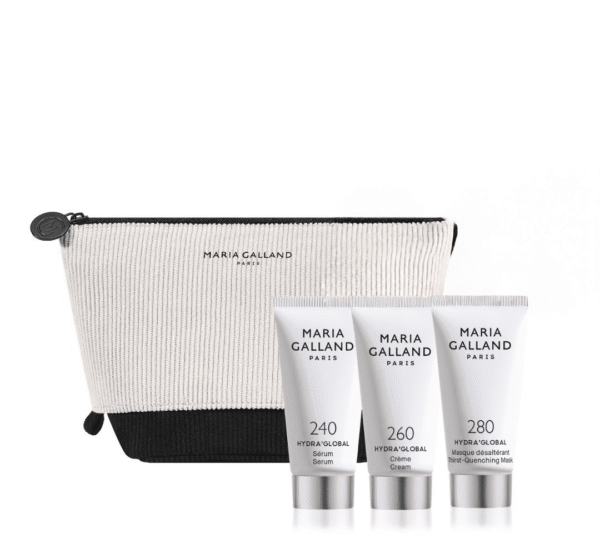 Hydra Global skincare set by Maria Galland Paris: three tubes (serum, cream, masque) with a beige-black zip pouch behind them