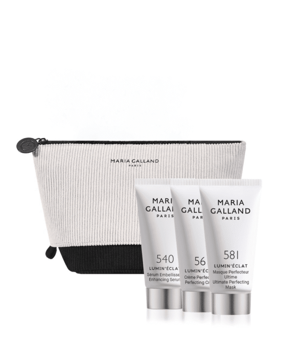 Maria Galland Paris skincare set with three tubes (540, 56, 581) and a beige/black zip pouch.