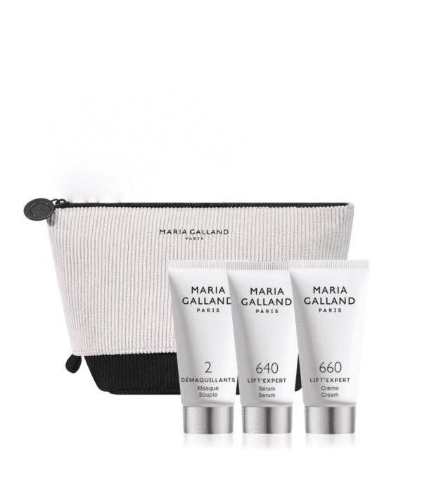 Maria Galland Paris skincare set: three tubes (2, 640, 660) with a two-tone zip pouch used for travel.