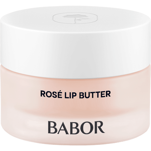 Babor Rosé Lip Butter in a light pink jar with a white lid, brand name visible on the front.