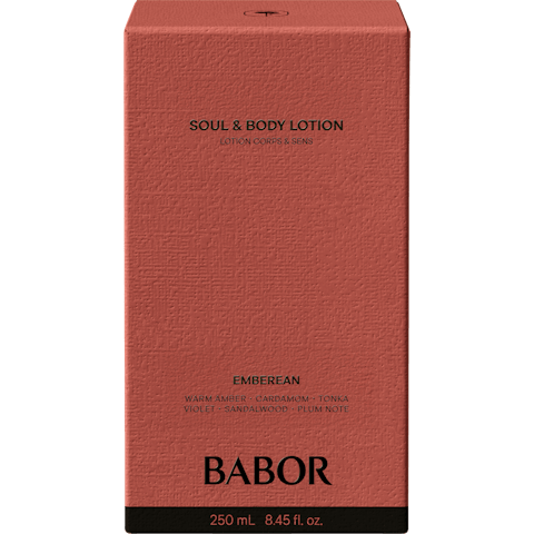 Box of Babor Soul & Body Lotion Emberean with textured coral packaging, 250 ml (8.45 fl oz).