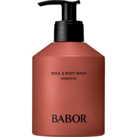 Pump bottle of BABOR Soul & Body Wash in rose-pink with a black pump dispenser.