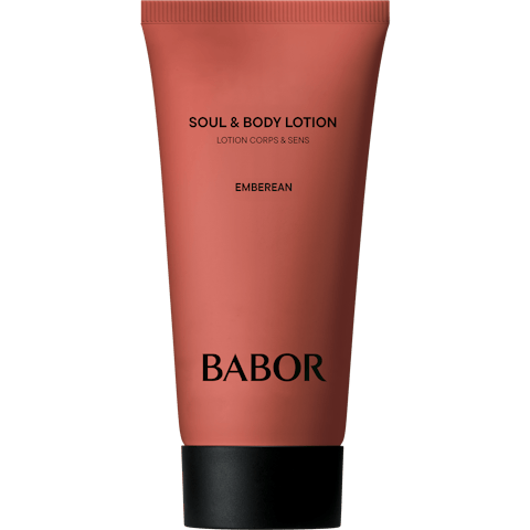 Coral-colored BABOR Soul & Body Lotion tube with a black cap.