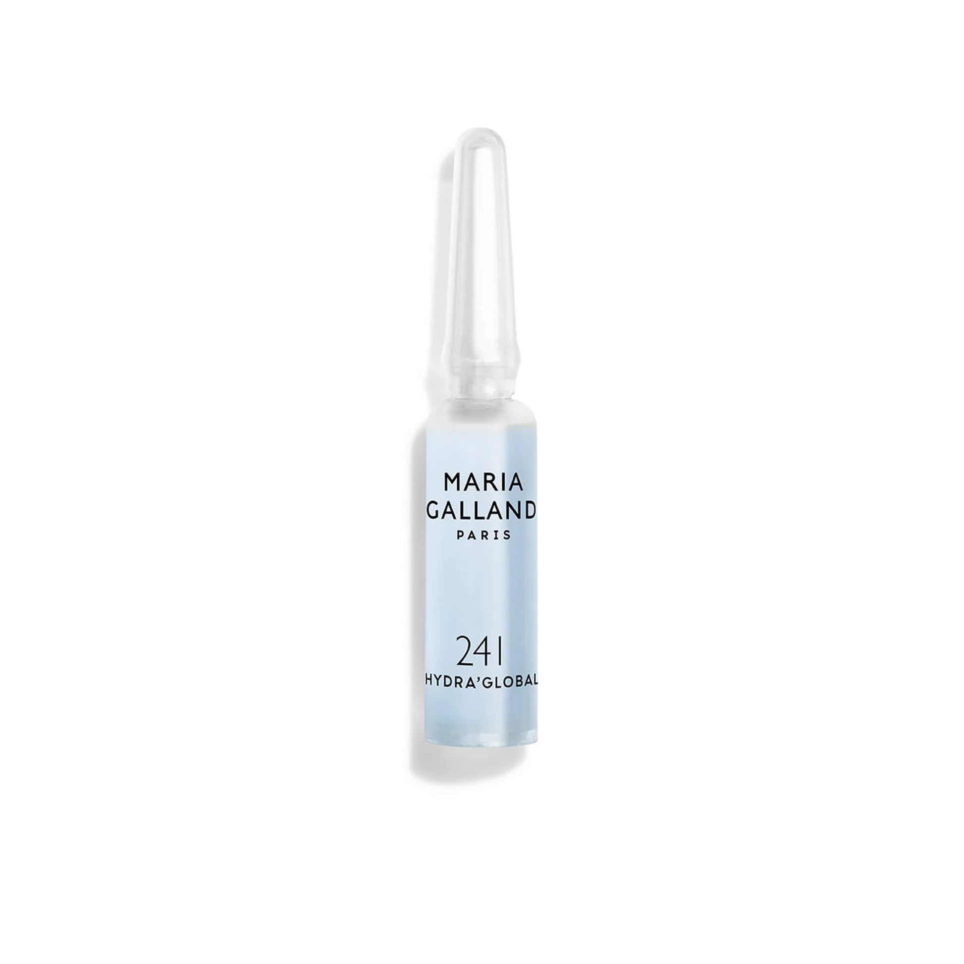 Transparent cosmetic bottle with a pale blue label reading 'MARIA GALLAND PARIS' on a white background.