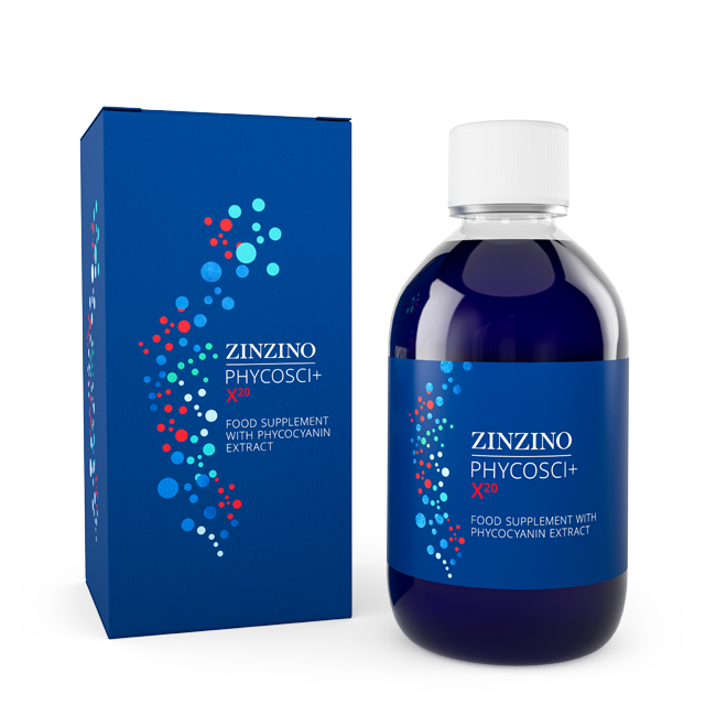 Blue box and bottle of Zinzino Phycosci+ X20 food supplement with phyocyanin extract, blue packaging and white cap.