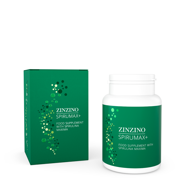 Bottle and matching green box labeled ZINZINO SPIRUMAX+; food supplement with spirulina maxima on a white background loyalty product shot