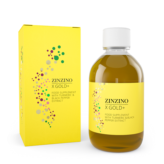 Yellow box and bottle labeled ZINZINO X GOLD+; food supplement with turmeric and black pepper extract.