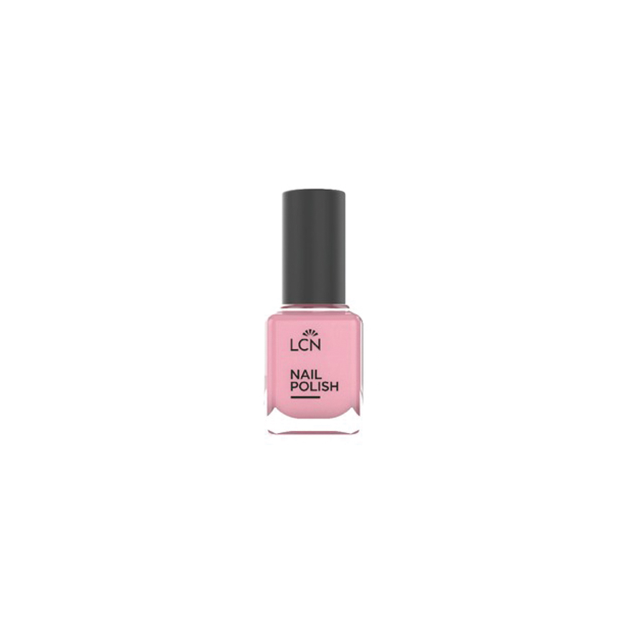 Pink nail polish bottle with a black cap, labeled LCN NAIL POLISH in black text on the pink glass