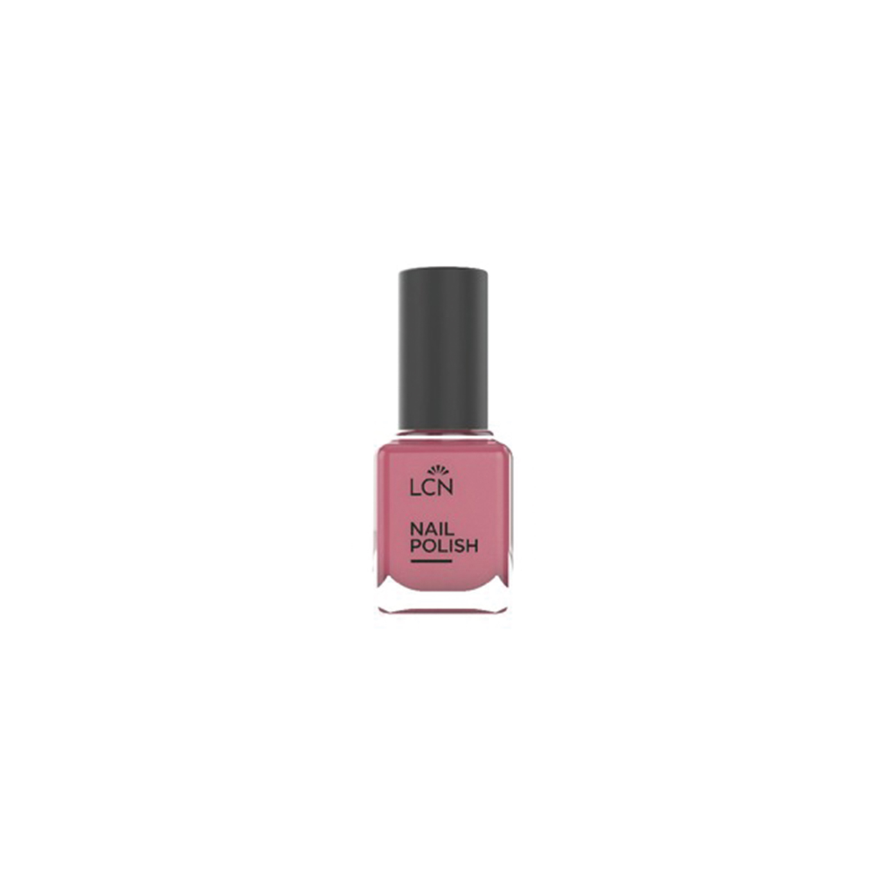 Pink LCN nail polish bottle with a black cap on a white background, product shot.