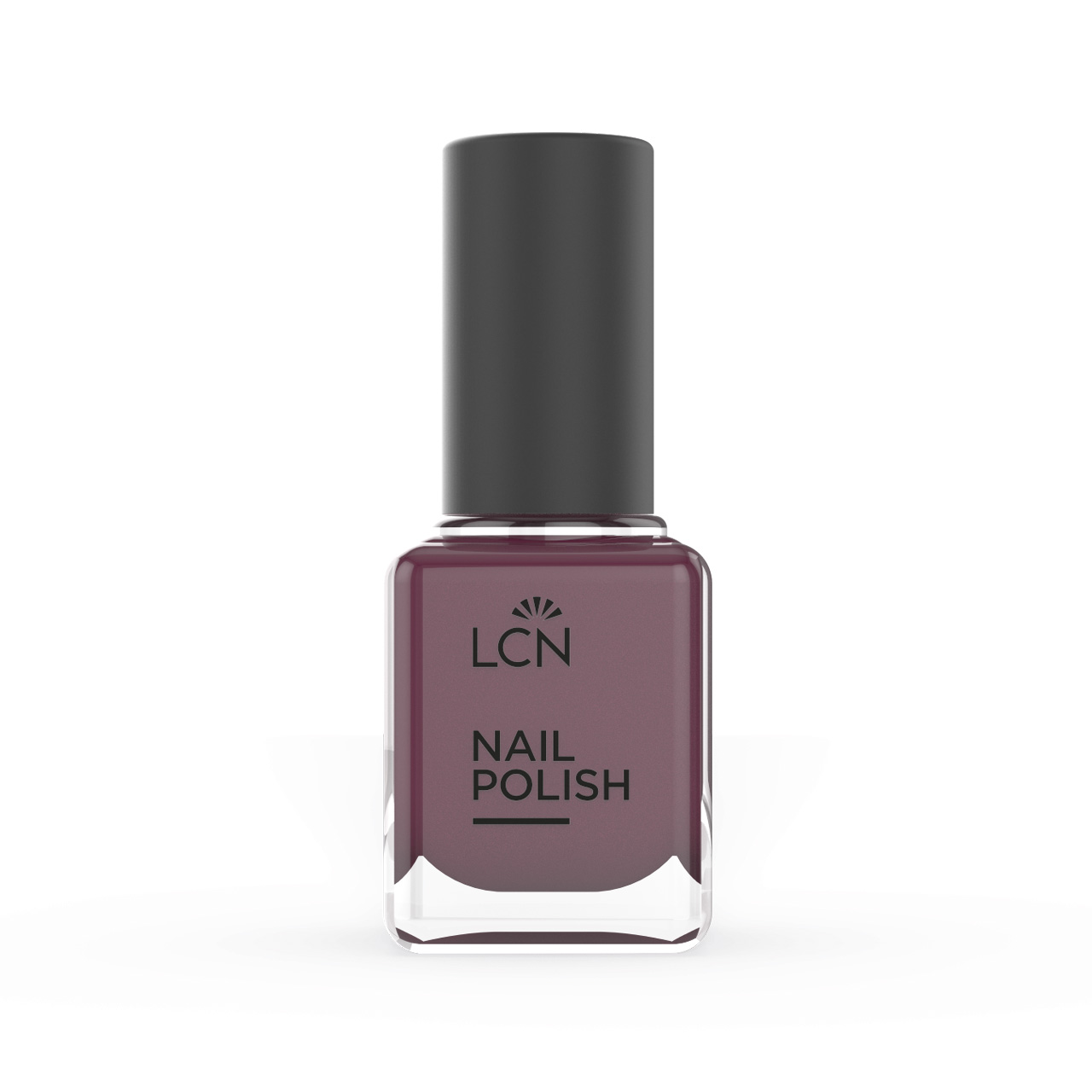 Nail polish bottle in burgundy with a tall dark gray cap and clear square bottle showing the color inside