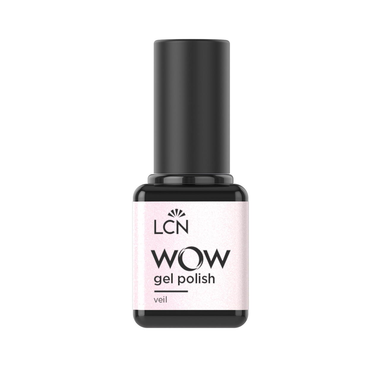 Black nail polish bottle with a pink LCN WOW gel polish label saying 'veil' on the front cap closed