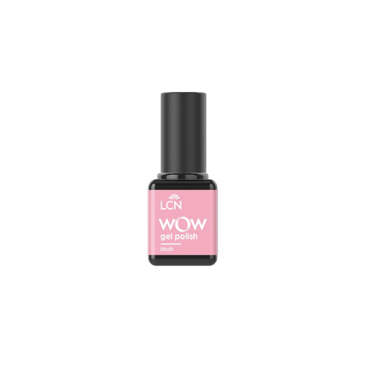 Bottle of pink LCN WOW gel polish in blush shade with a black cap (nail product)