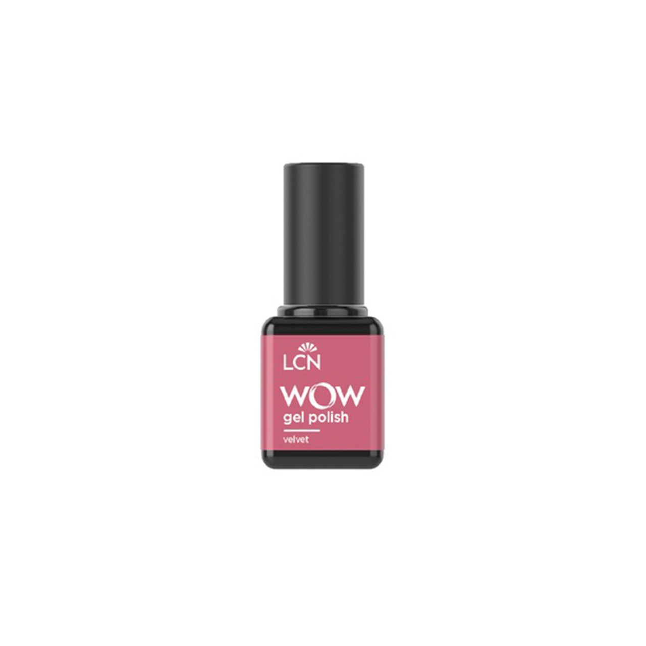 Pink bottle of LCN WOW gel polish in velvet shade with black cap on white background