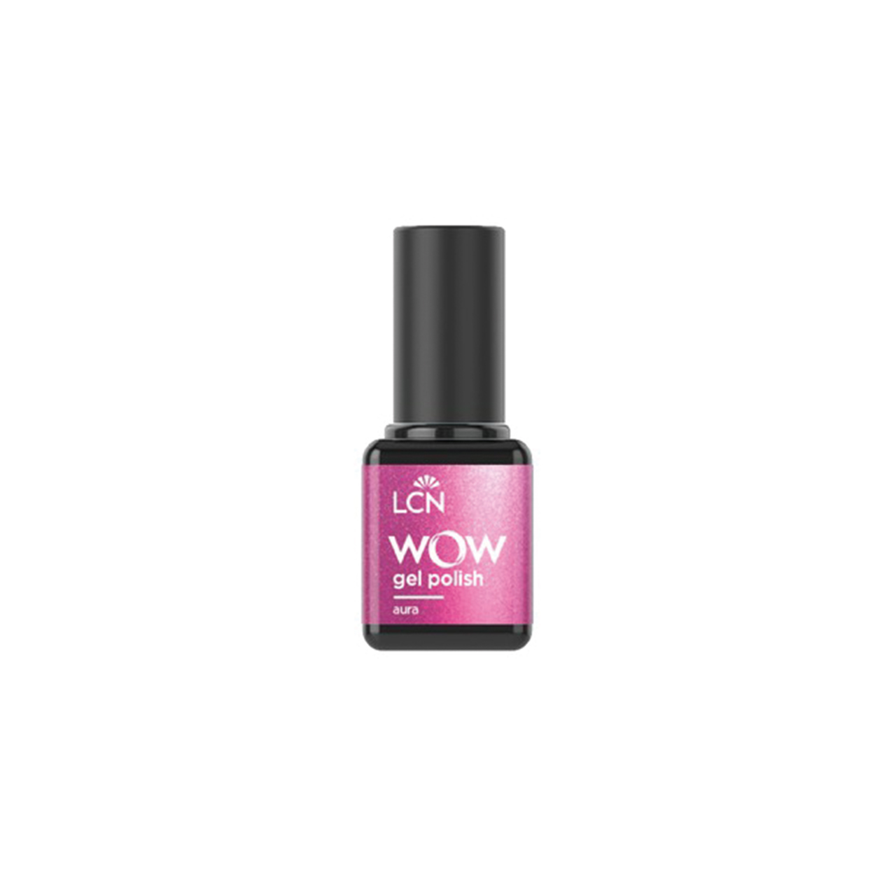 Pink LCН Wow gel polish bottle with a black cap, labeled 'aura' (pink glitter finish).