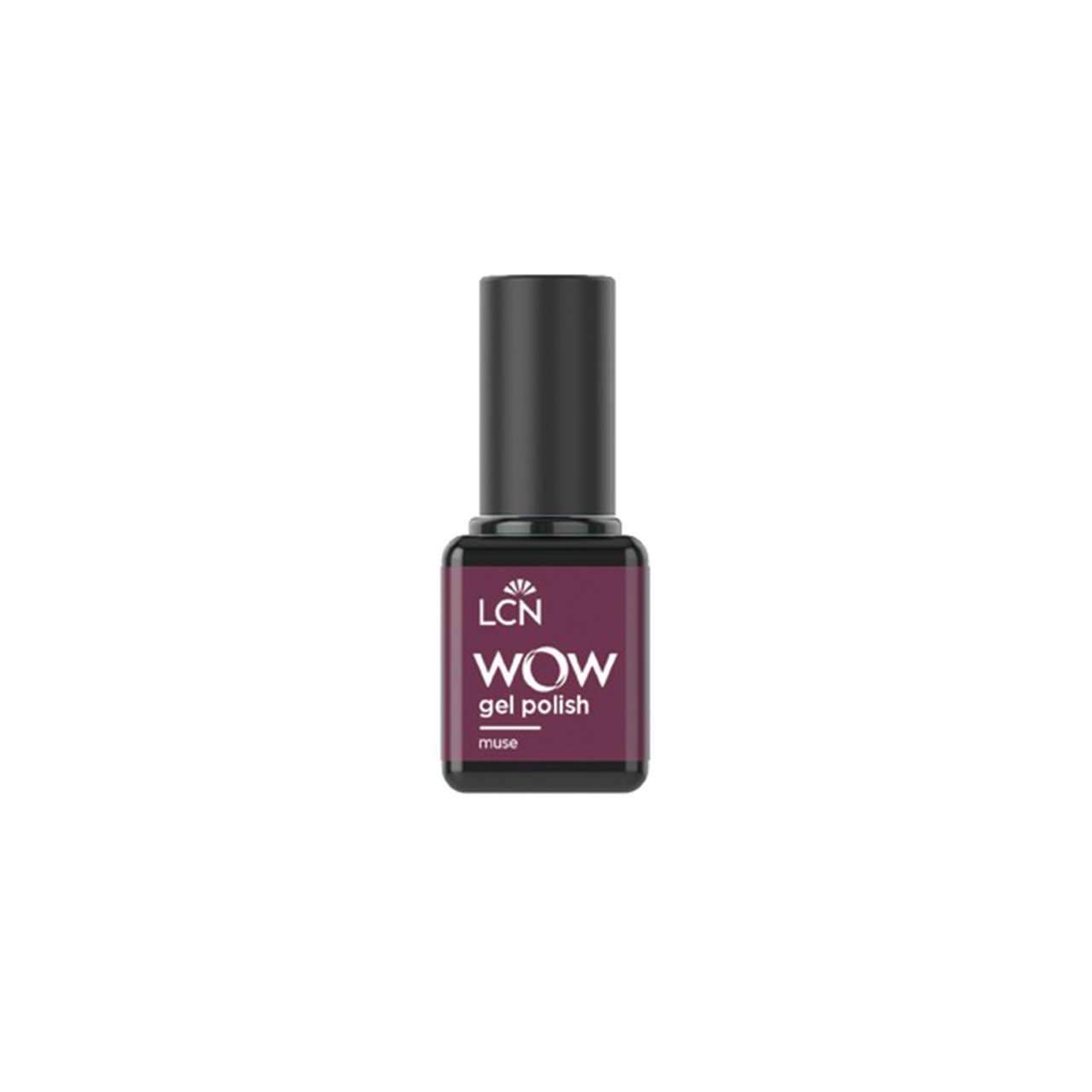 LCN WOW gel polish bottle in shade Muse (burgundy) with black cap visible